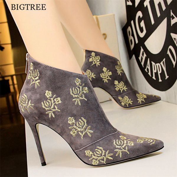 new arrival fashion embroider pattern ankle boots women pointed toe solid flock party boots women's high heels short, Black